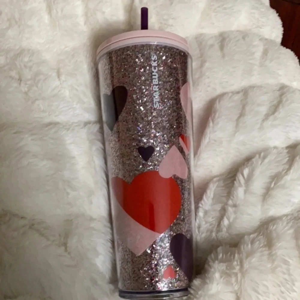 Starbucks Venti glitter Valentine’s Day heart cold cup Pink Purple New